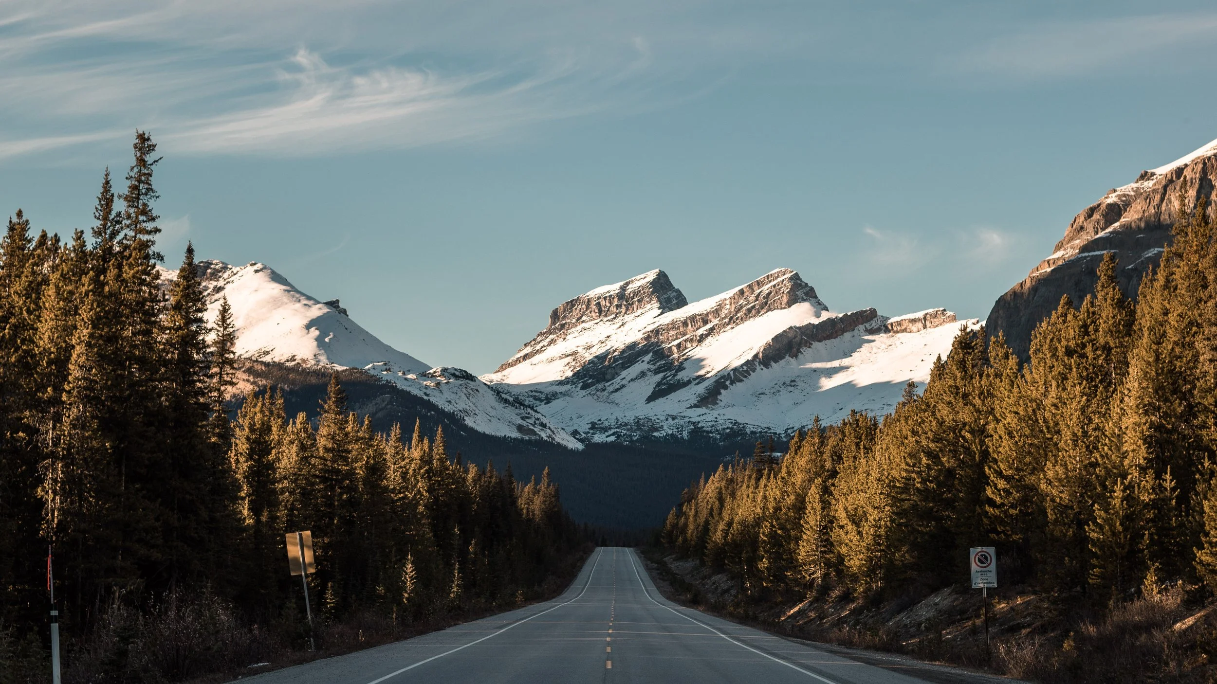 A long straight road leading towards snow-capped mountains in the distance, with evergreen trees on both sides and a partly cloudy sky overhead.