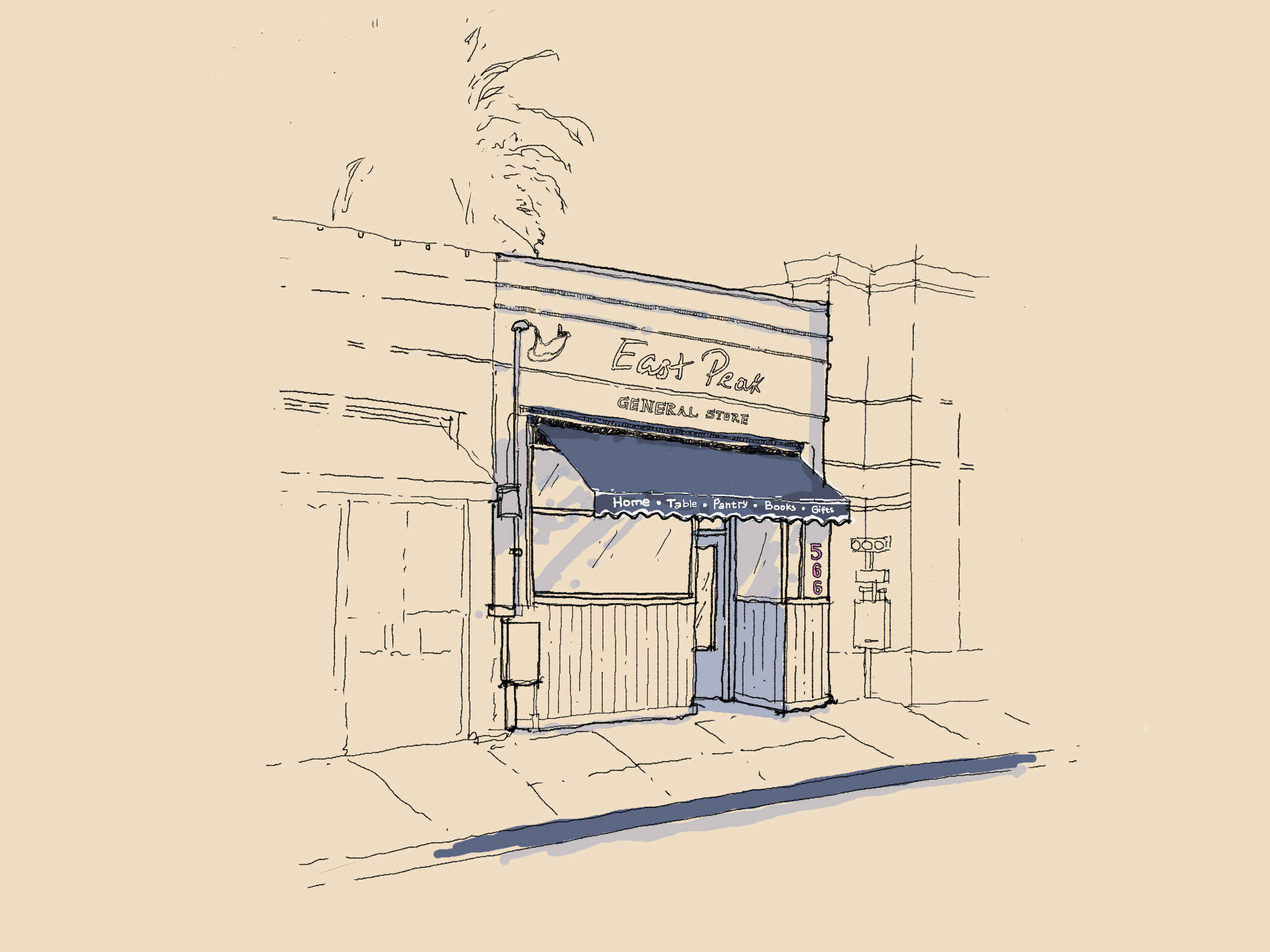 East Peak storefront hand drawn illustration