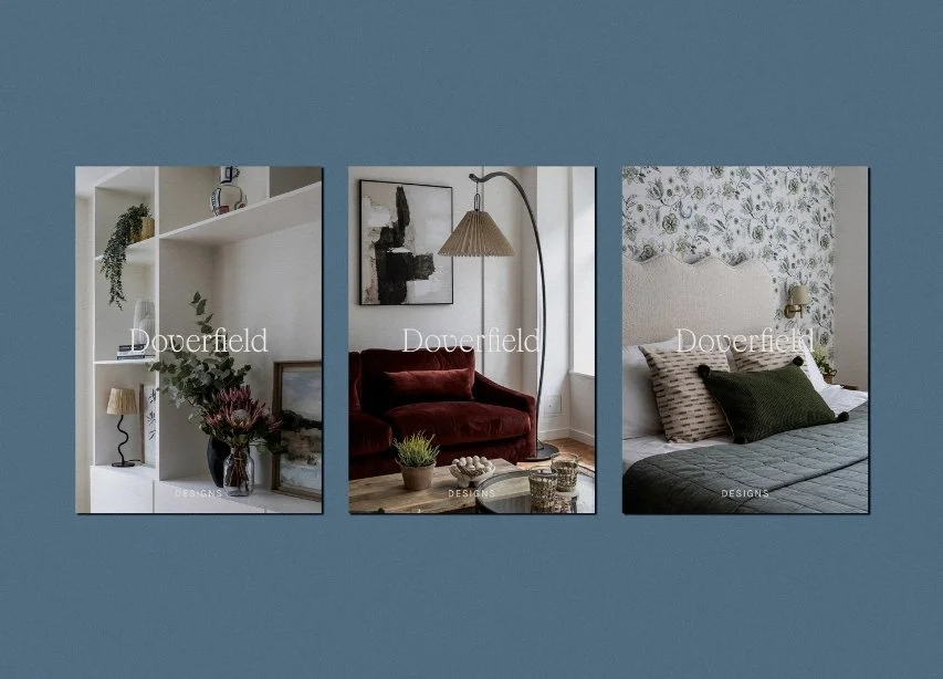 Three vertical panels showing a bespoke bookshelf a velvet sofa and a bedroom with floral wallpaper and green cushions