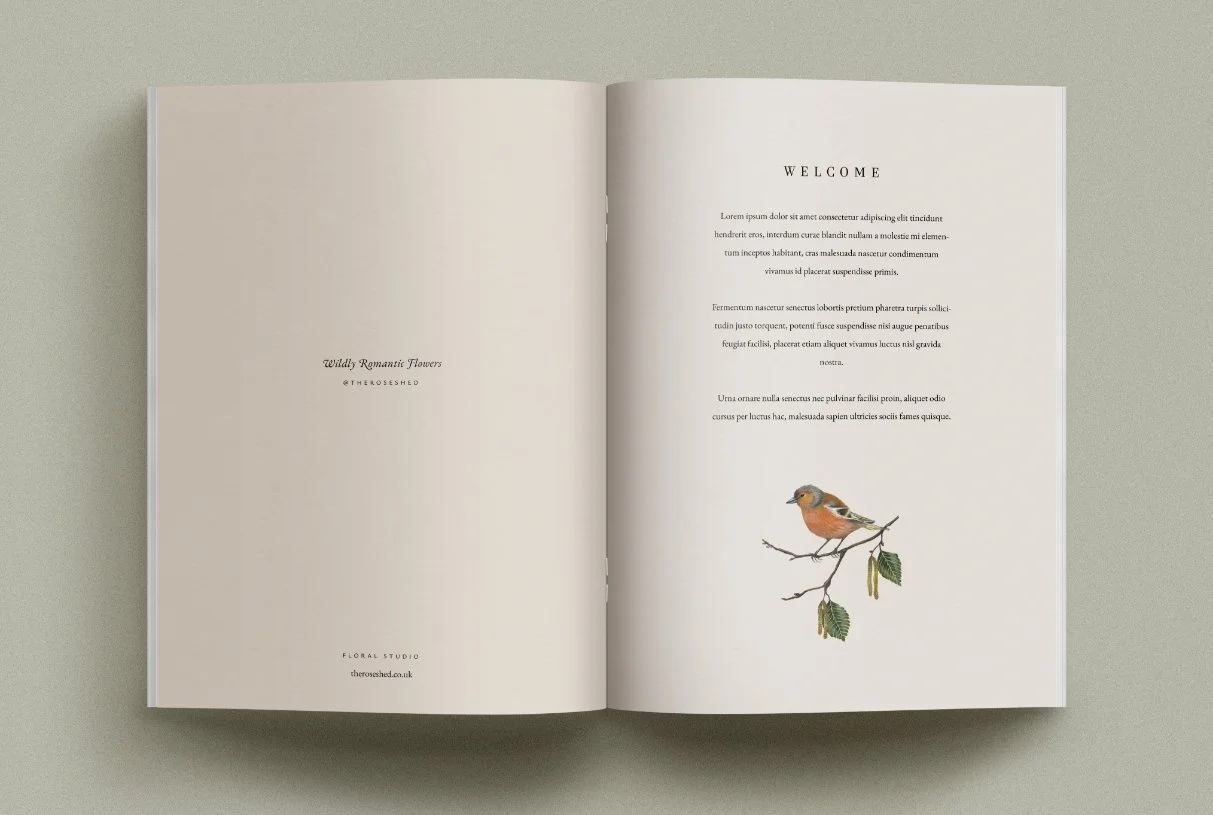 Open brochure showing a welcome message on the right page and a small chaffinch illustration at the bottom of the page