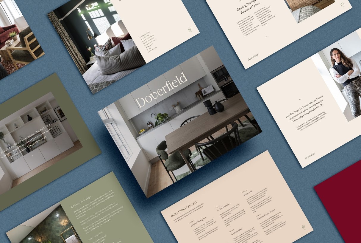 A collection of brochure pages displaying interior design projects studio processes kitchen photos and a team member