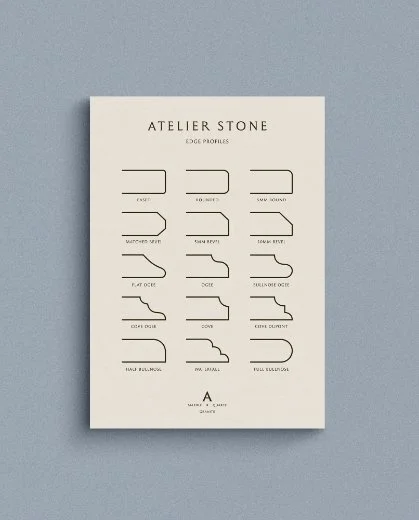 Technical diagram of marble edge profiles including bullnose and ogee shapes under the Atelier Stone brand heading