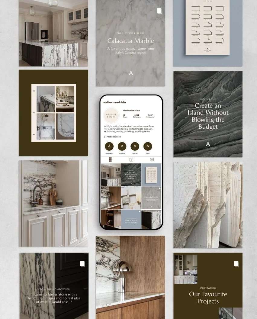 A smartphone displaying an Instagram profile surrounded by various interior design and natural stone project photographs