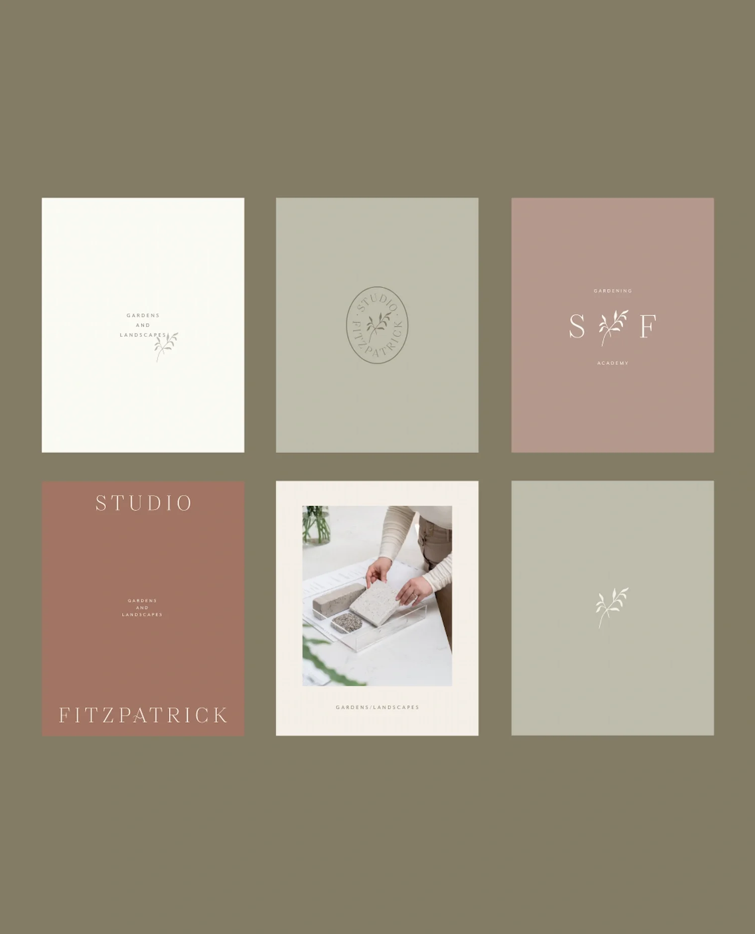 Grid of six muted social media templates in olive green, cream and dusty pink featuring brand logos and garden photos