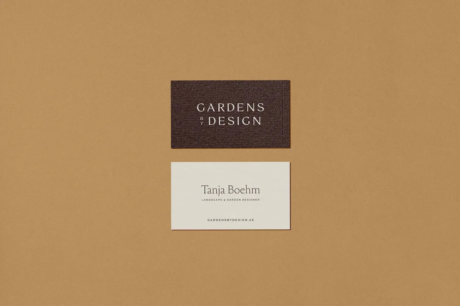 Front and back view of luxury textured business cards for Tanja Boehm at Gardens by Design garden studio