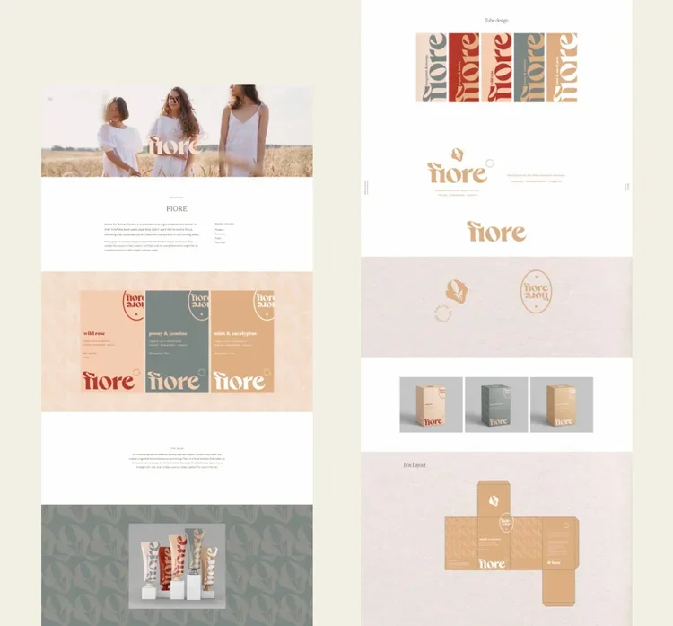 Branding showcase for Fiore featuring organic product packaging designs and floral patterns in warm earthy tones