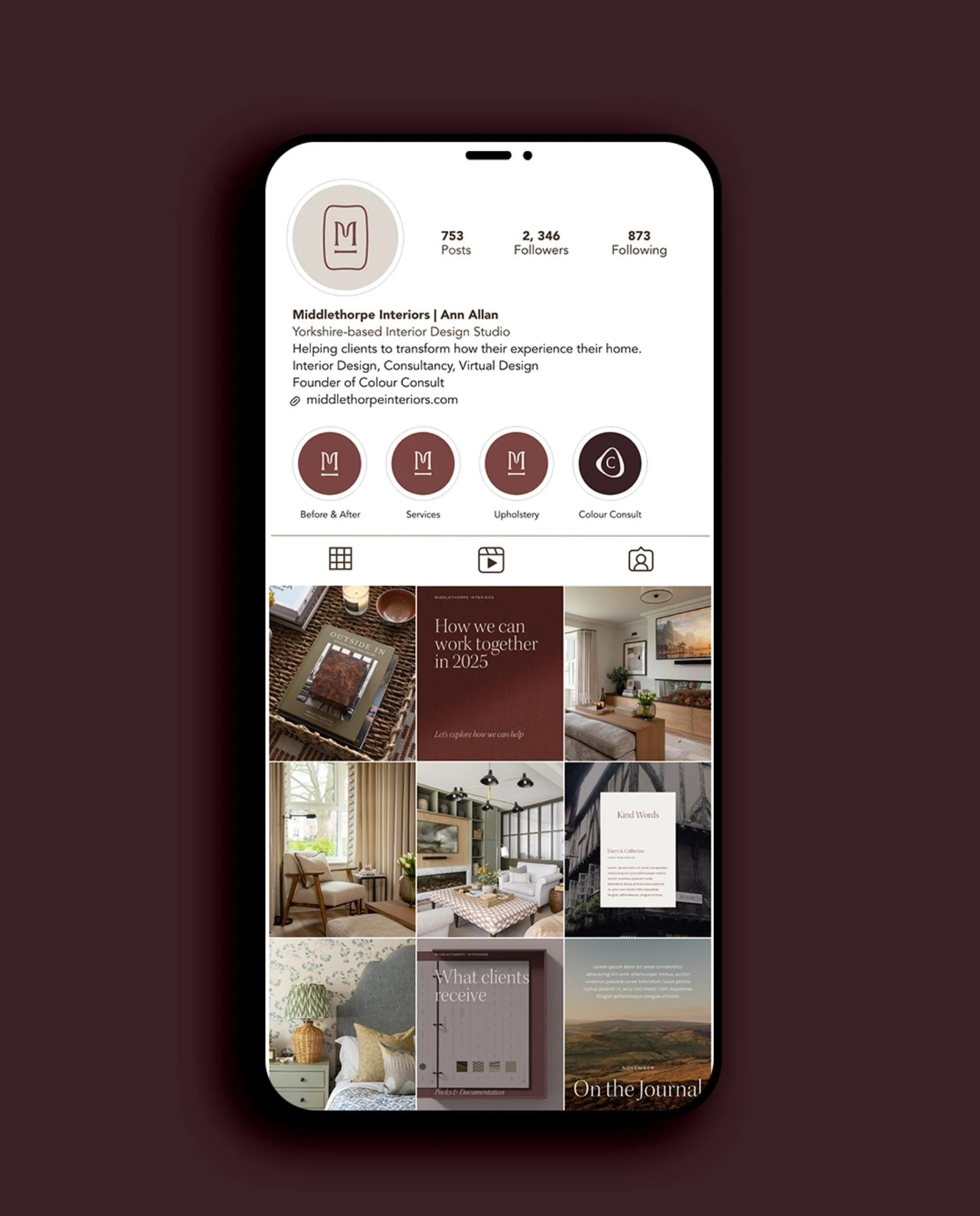 Smartphone screen displaying the Middlethorpe Interiors Instagram profile with logo, bio and a curated image feed