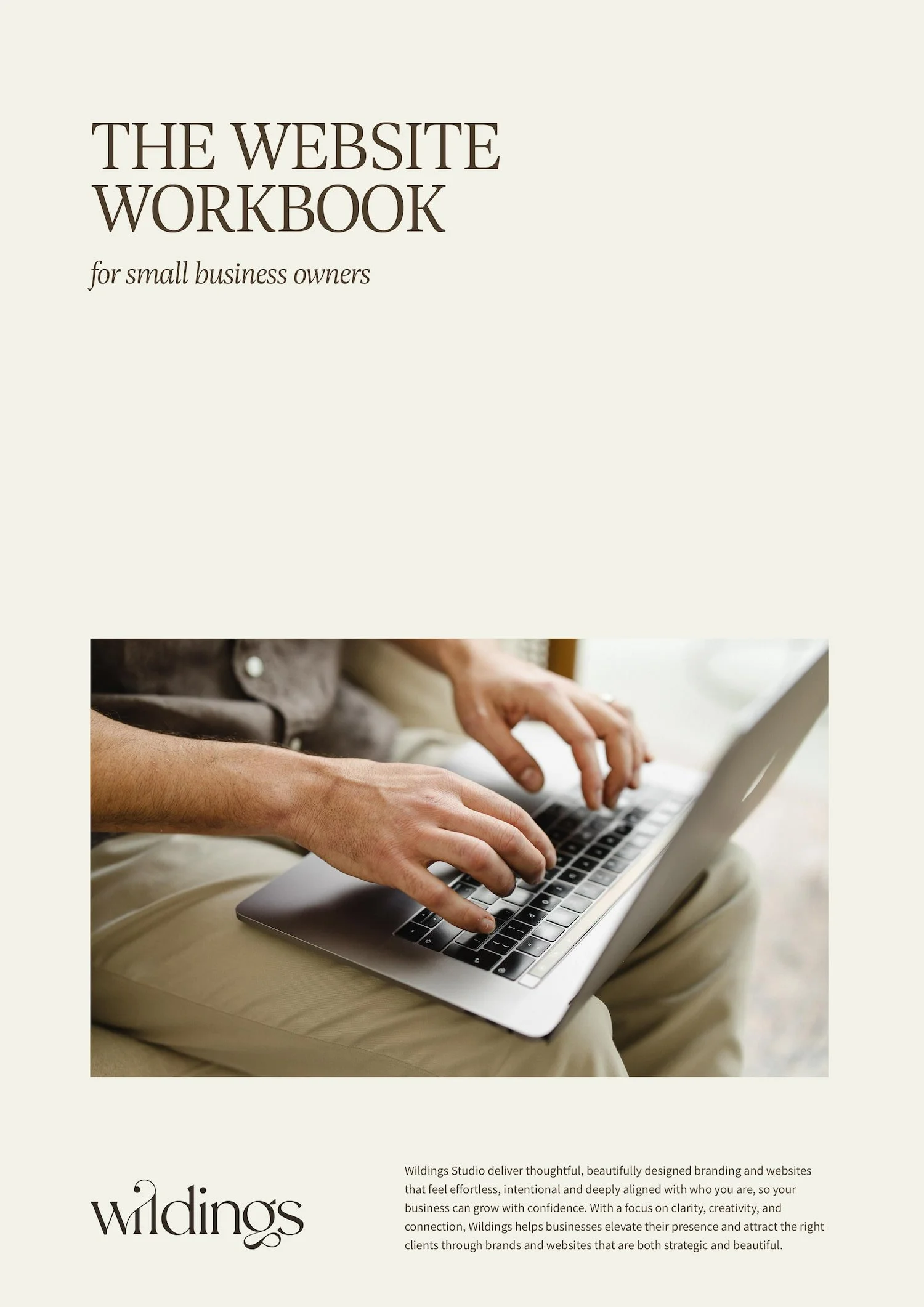 The Website Workbook for small business owners by Wildings Studio showing a person typing on a laptop at a desk