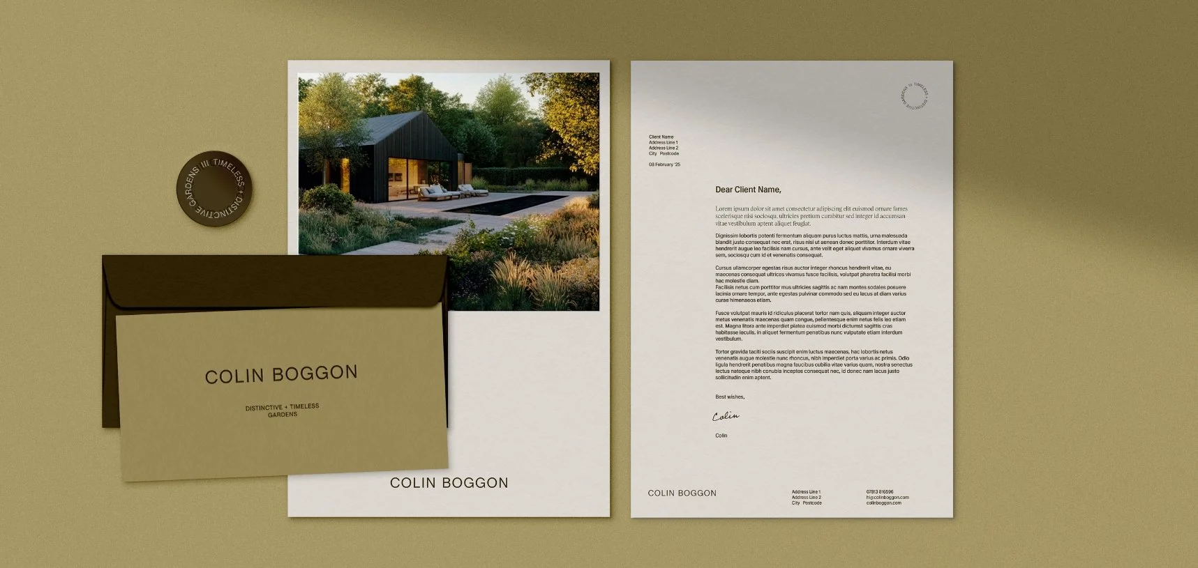 Professional stationery set with a letter and a postcard showing a modern garden cabin with a dark wood exterior and pool