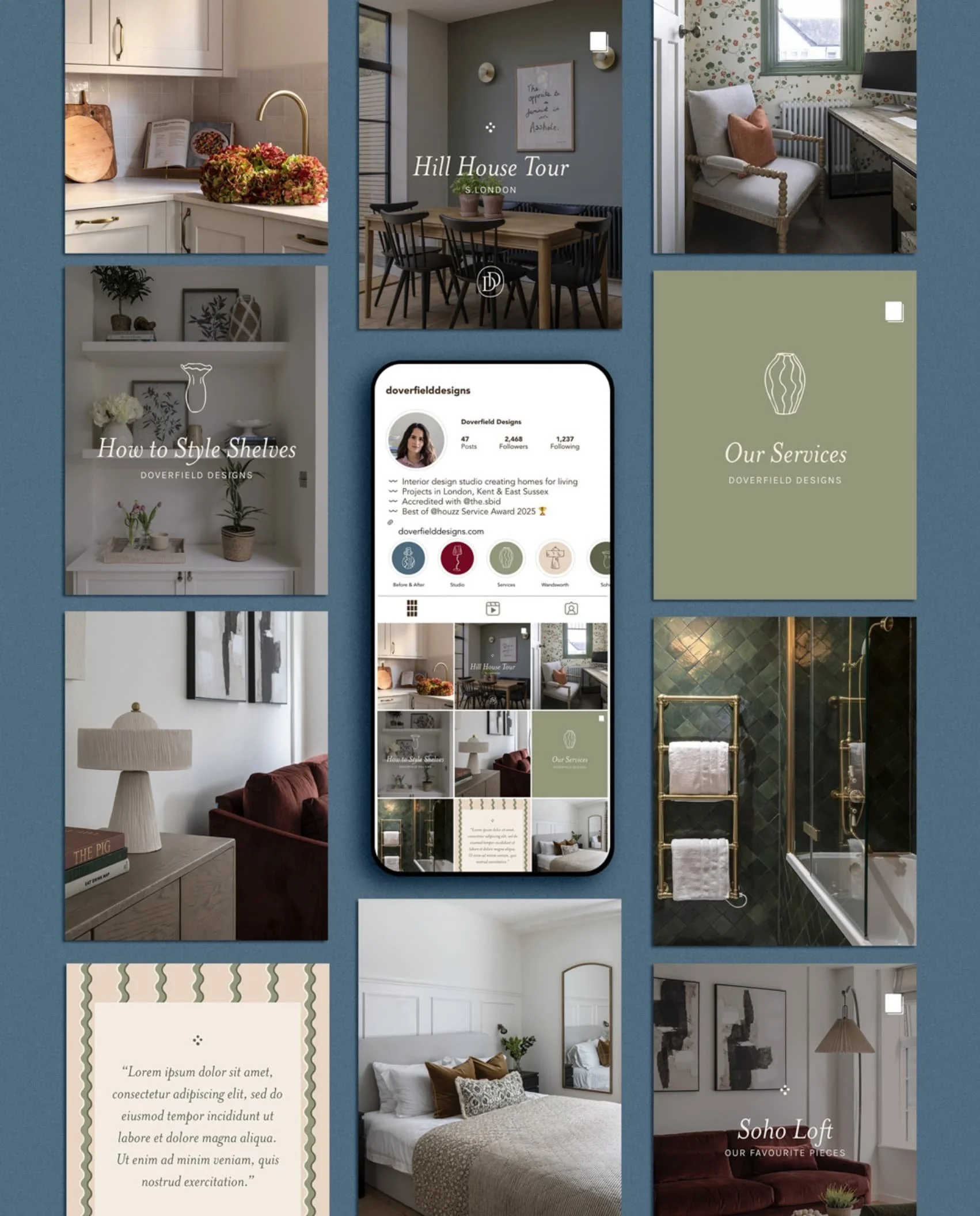 Interior design social media grid showing kitchen, bedroom & lounge projects by Doverfield Designs on a smartphone screen