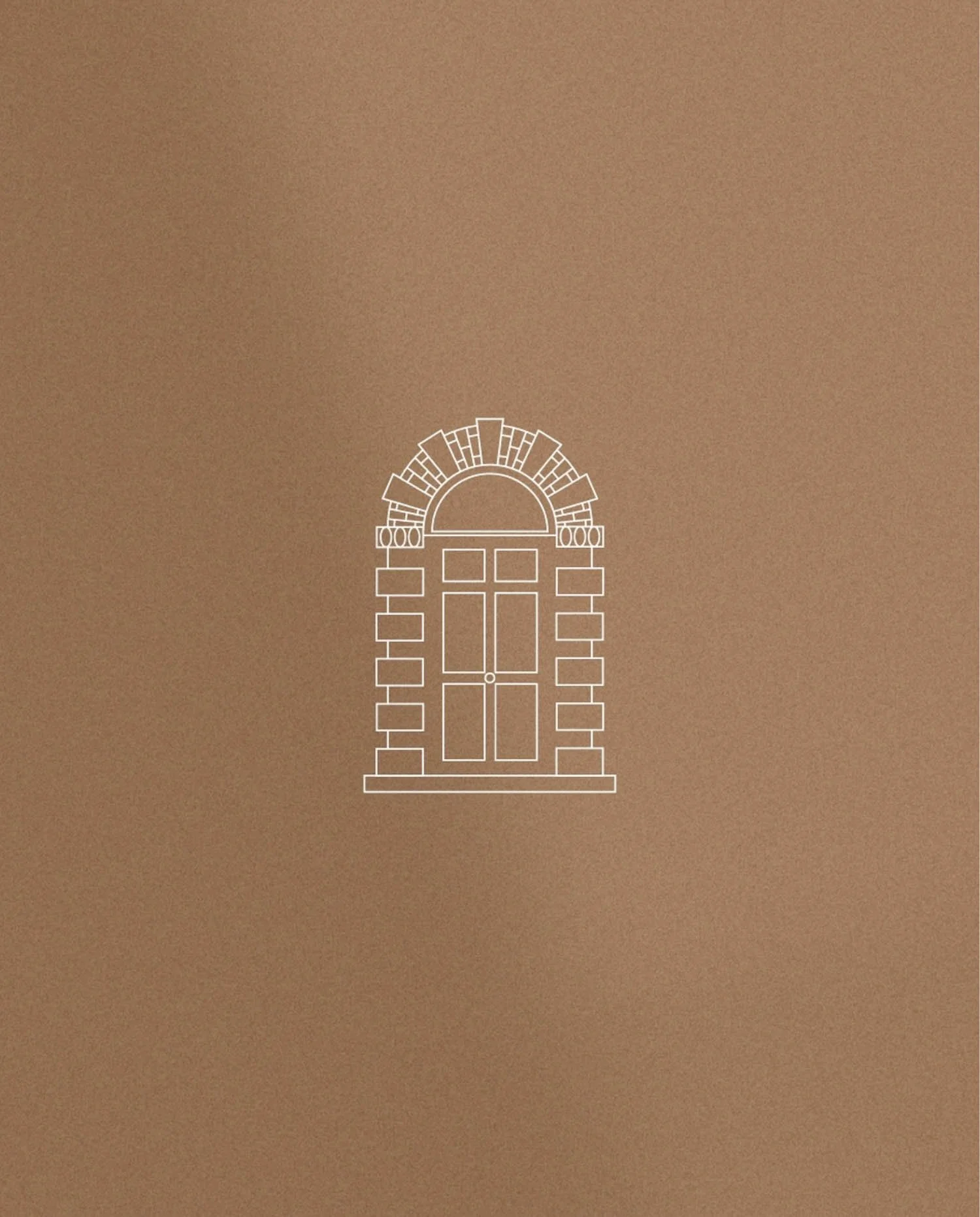 A minimalist white line illustration of a classic Mayfair arched doorway on a warm tan textured background for branding