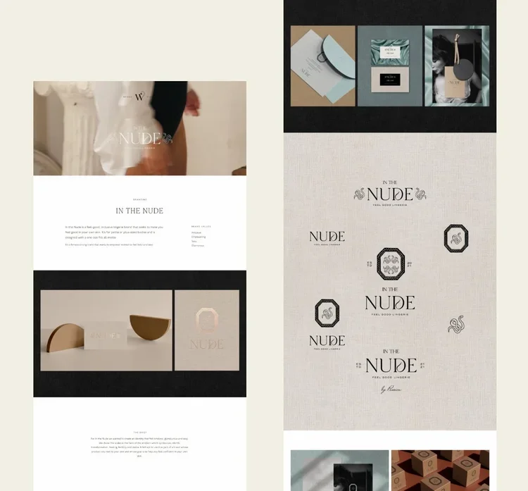Brand identity presentation for In the Nude showing logo variations and minimalist packaging on a neutral palette