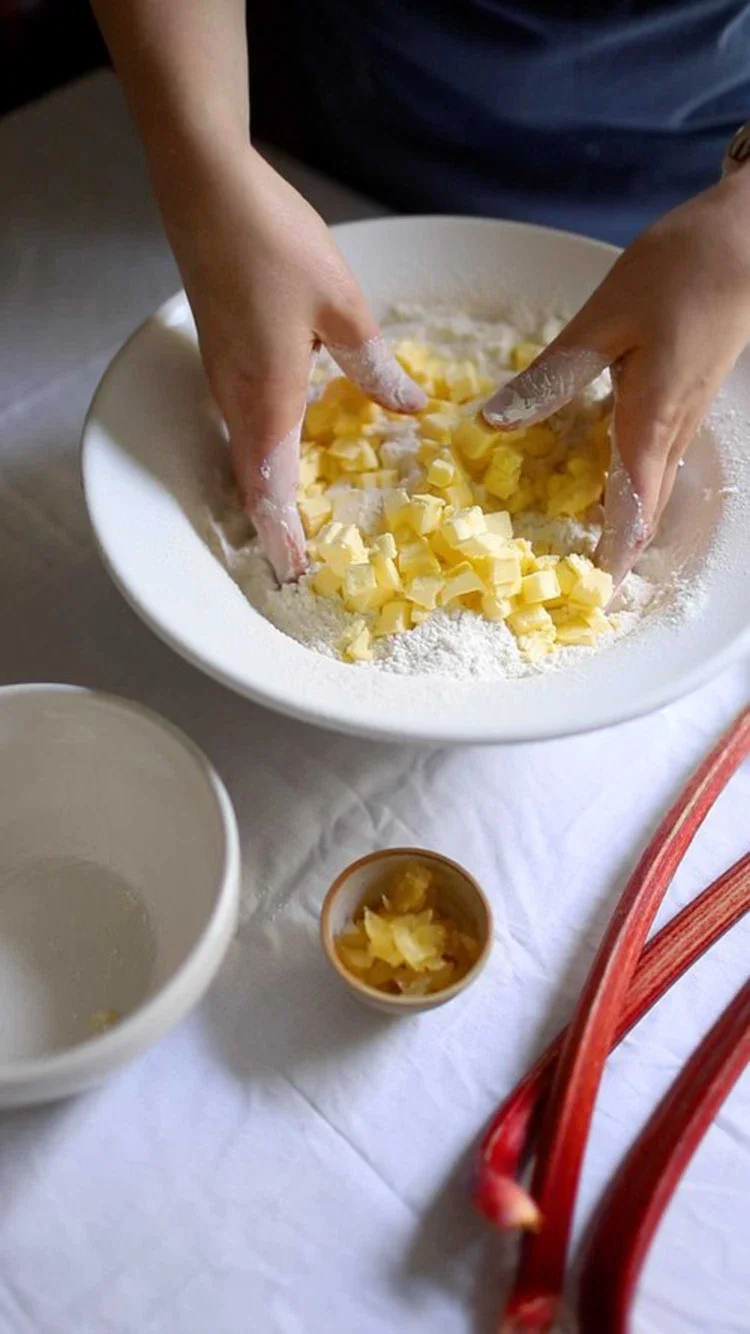 Hands rubbing chilled butter cubes into flour in a white bowl with fresh rhubarb and ginger on a white tablecloth