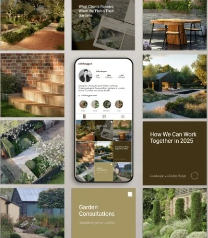 Instagram feed layout for a landscape gardener showing modern outdoor seating and lush garden designs on a mobile screen