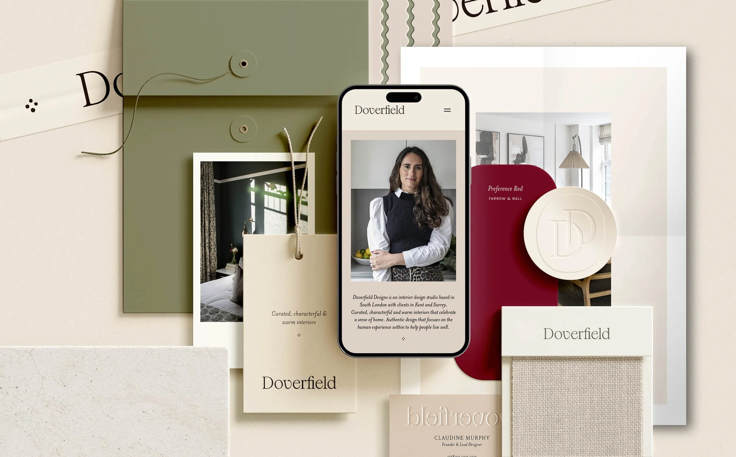 A smartphone showing the Doverfield website surrounded by interior swatches, a portrait and Farrow and Ball paint samples