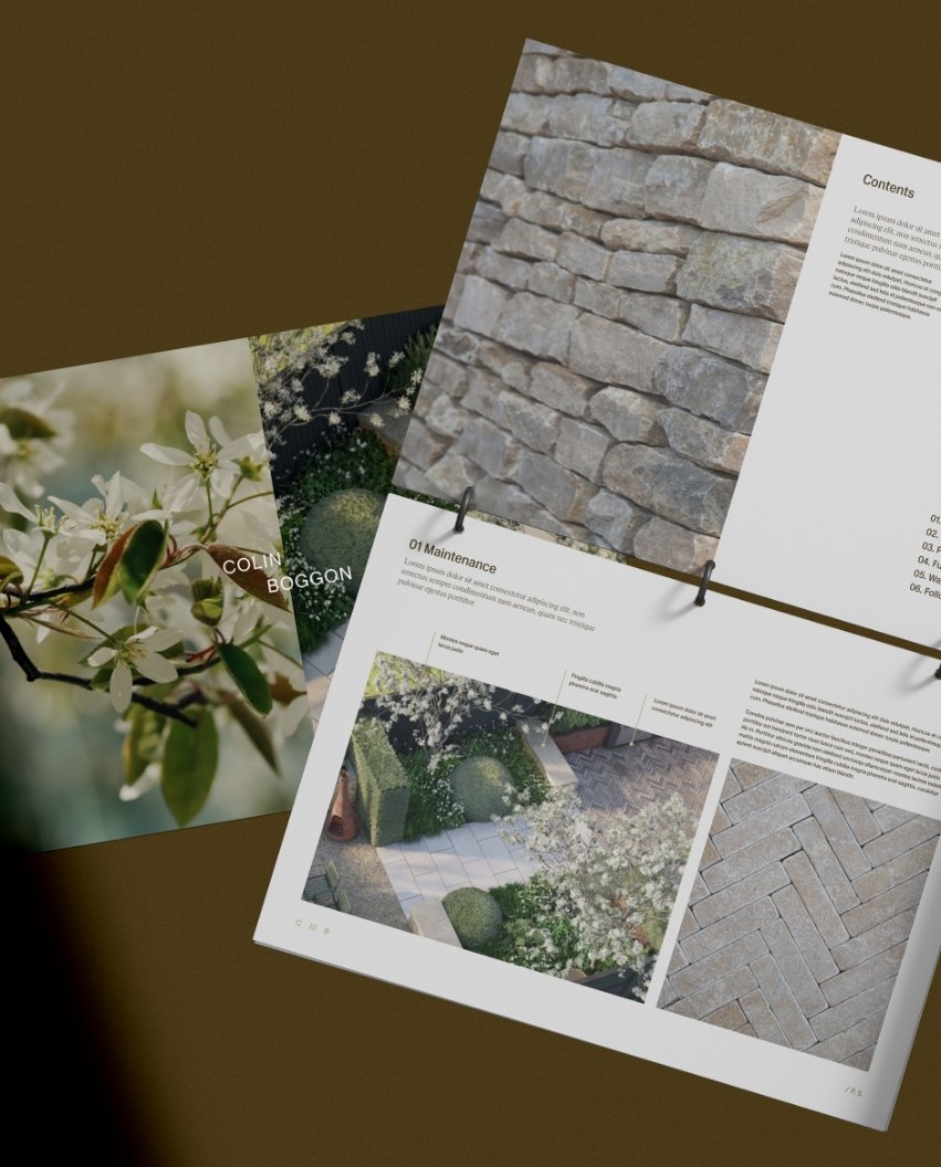 Open garden design portfolio showing maintenance tips with a top-down view of a modern patio and dry stone walling textures