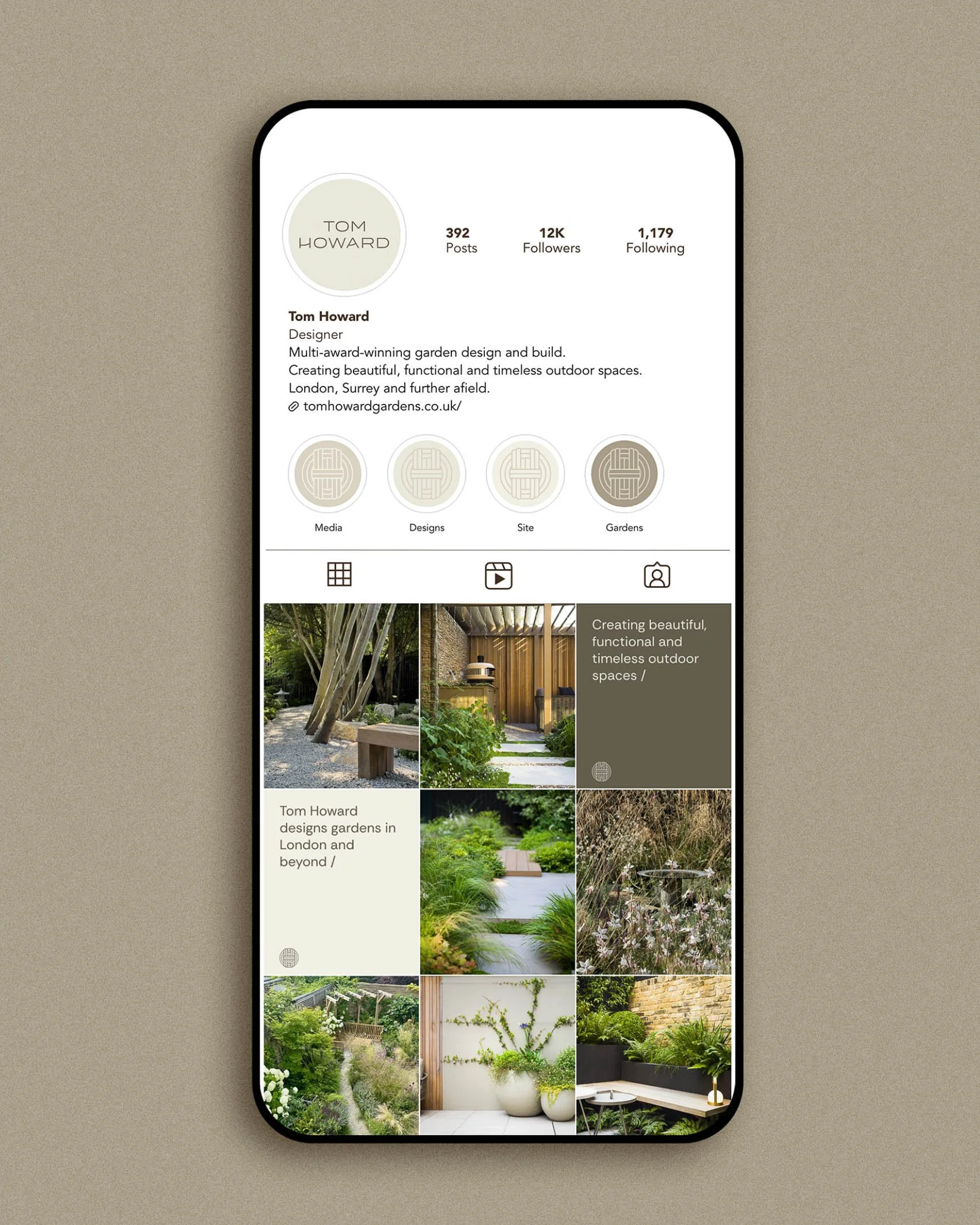 Instagram profile for Tom Howard Garden Design showing a grid of professional landscaping projects in London and Surrey