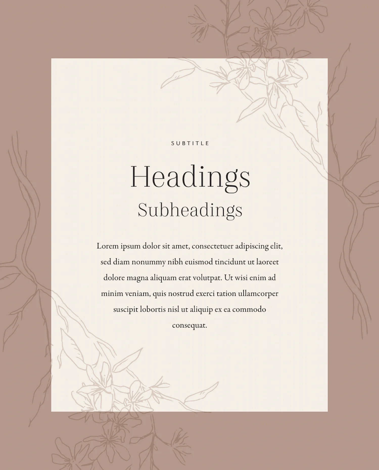Minimalist digital brand identity template with elegant serif typography headers and fine floral branch line drawings