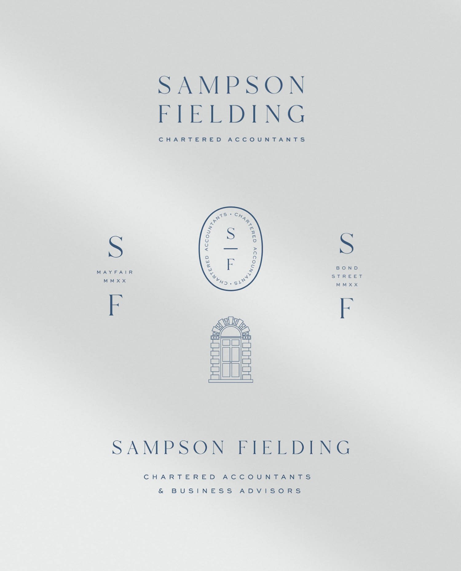 A collection of brand marks for Sampson Fielding including logos and submarks for Mayfair and Bond Street office locations