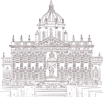 Detailed line drawing of a grand stately home with a central dome, ornate facade and classical statues on the roofline