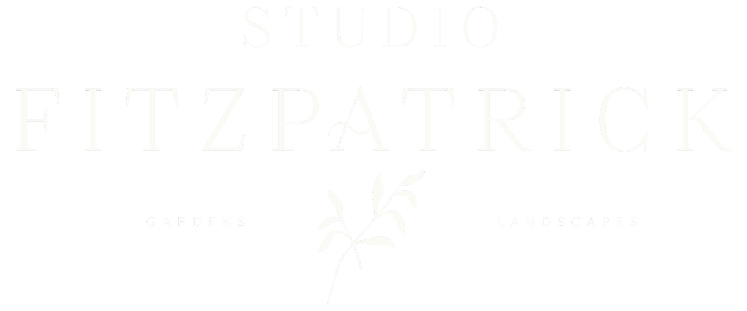 Studio Fitzpatrick logo featuring elegant white serif typography with a minimalist botanical sprig on a black background