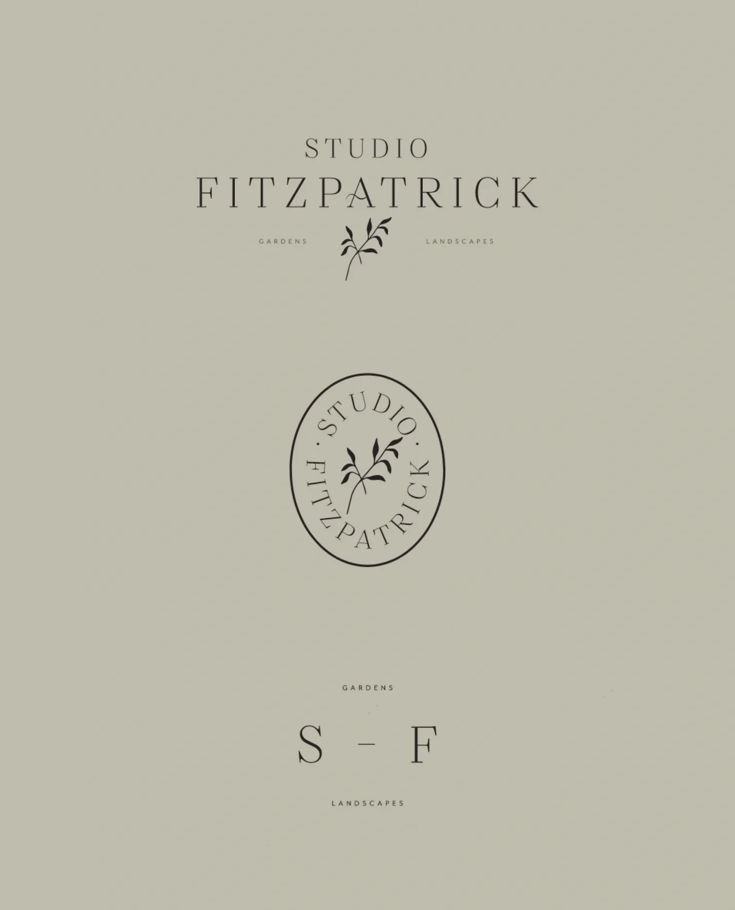 Minimalist brand identity sheets showcasing elegant serif typography logo designs and botanical emblems on sage green