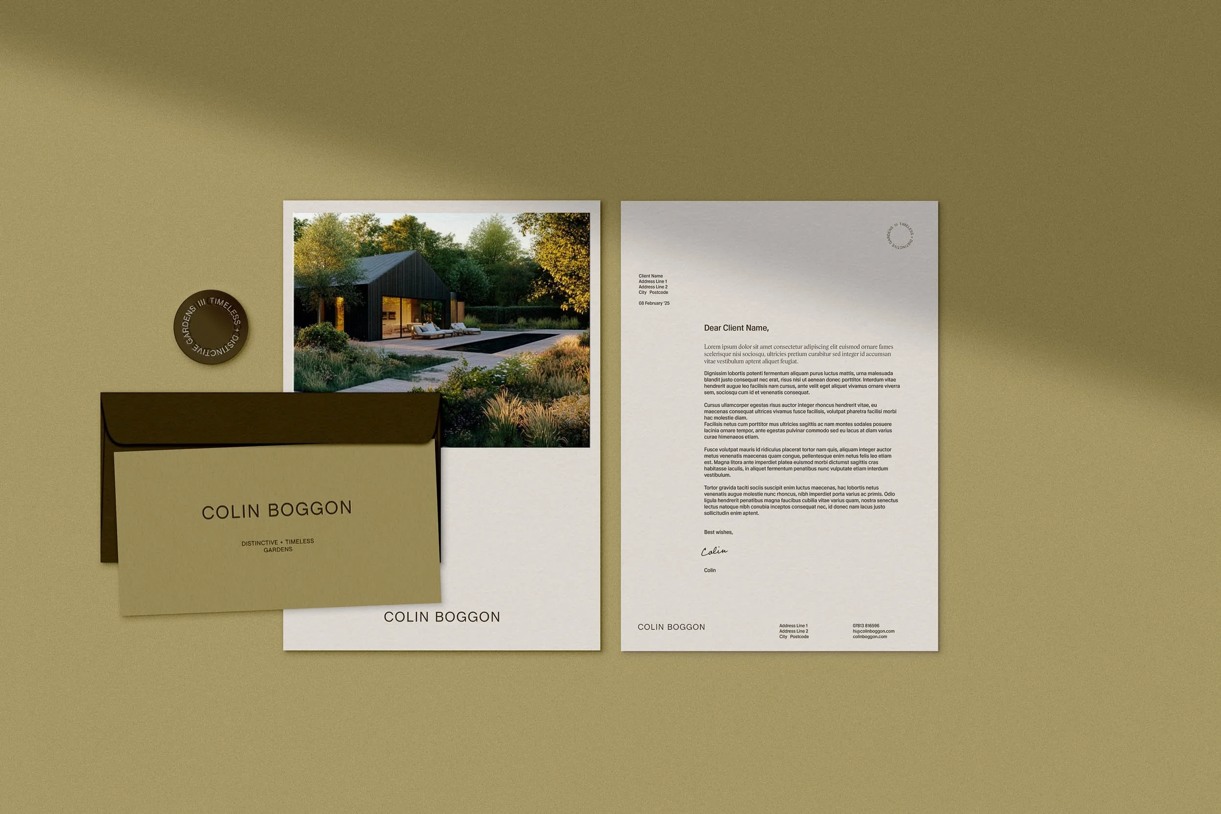 Luxury letterhead and business card for Colin Boggon garden design featuring a modern black house and natural landscape