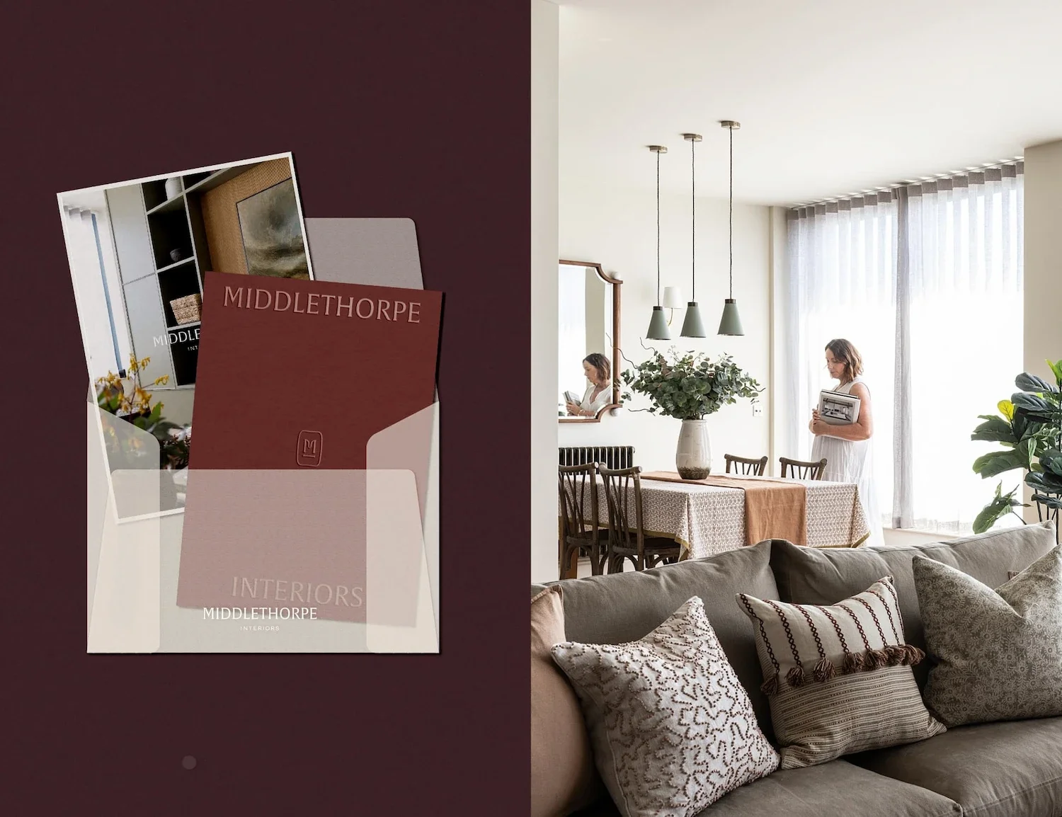 Split mockup showcasing luxury living room design project alongside rebranded print identity collateral envelopes in York