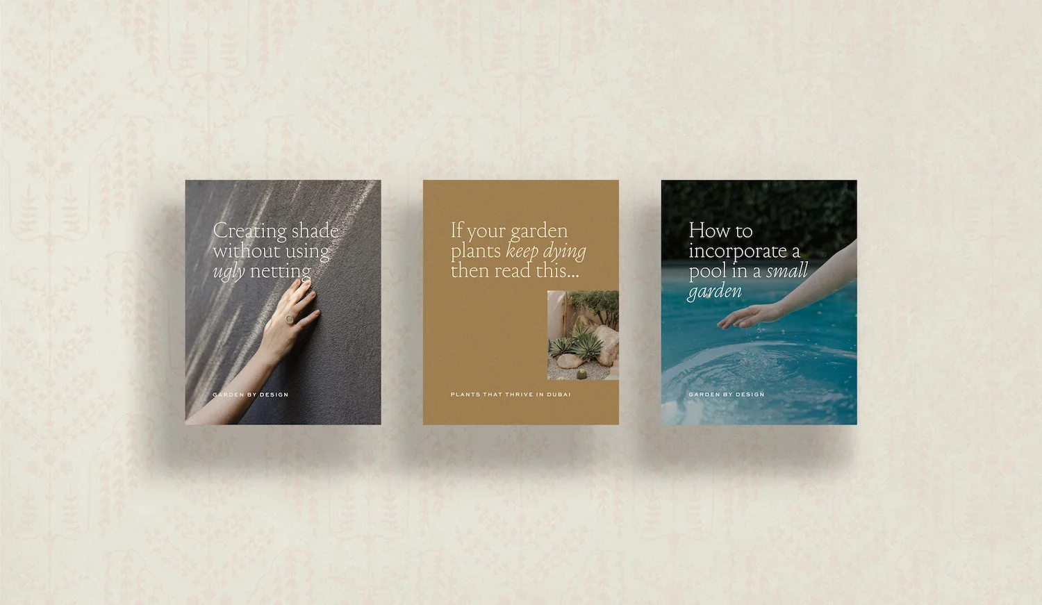 Three branded social media posts featuring helpful garden design tips and advice for luxury Dubai homeowners