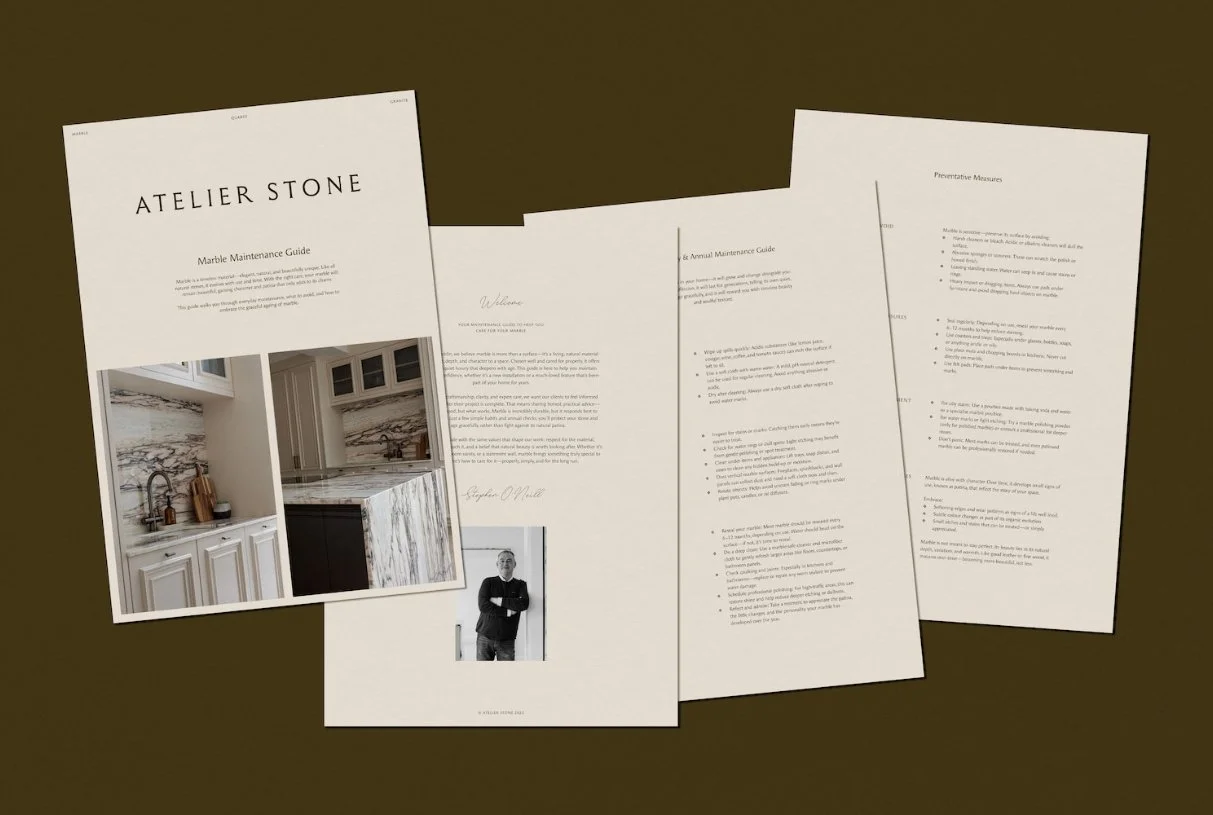A collection of printed sheets for the Atelier Stone Marble Maintenance Guide featuring photos of a worker and a kitchen