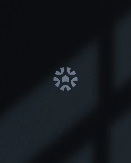 Minimalist logo symbol for Spotlight showing a house icon inside a circular geometric sunburst on a dark textured background