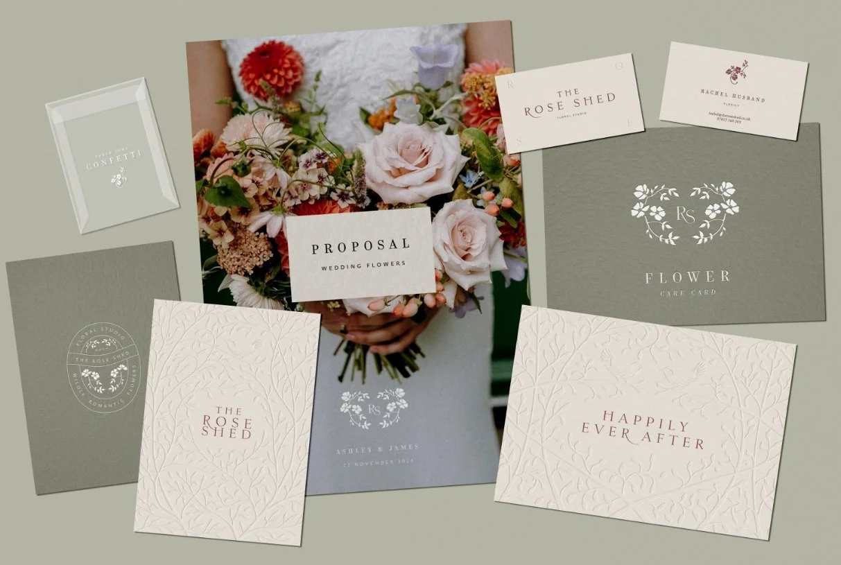 Flat lay of wedding stationery including a flower care card proposal letter and embossed cards reading happily ever after