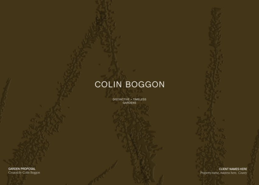 Minimalist dark olive green cover for a garden proposal by Colin Boggon with embossed floral textures and white lettering