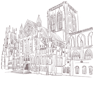 Detailed pencil architectural drawing of York Minster showing the gothic facade, rose window and central towers