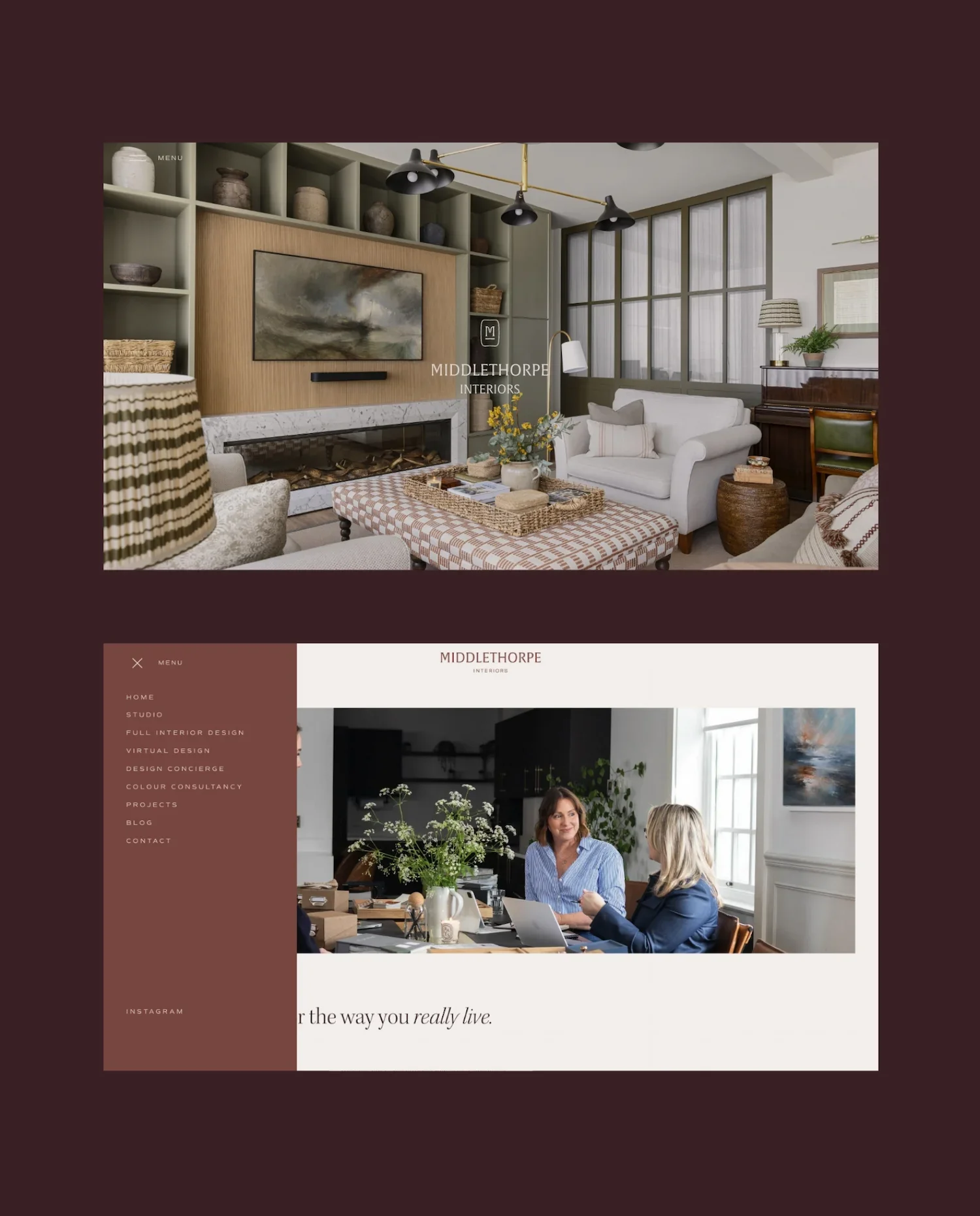 Desktop web design mockups showcasing a living room project portfolio page and a client consultation meeting section