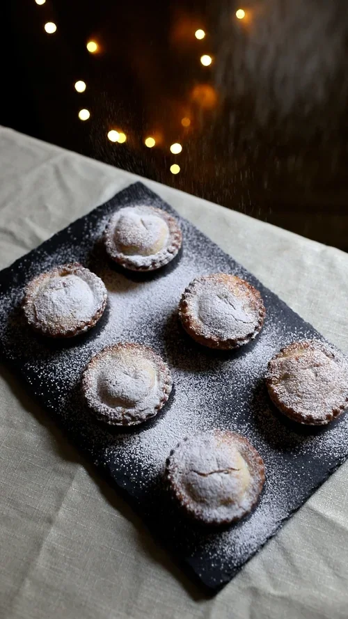 Six mince pies on a slate board being dusted with a fine layer of icing sugar against a background of festive fairy lights