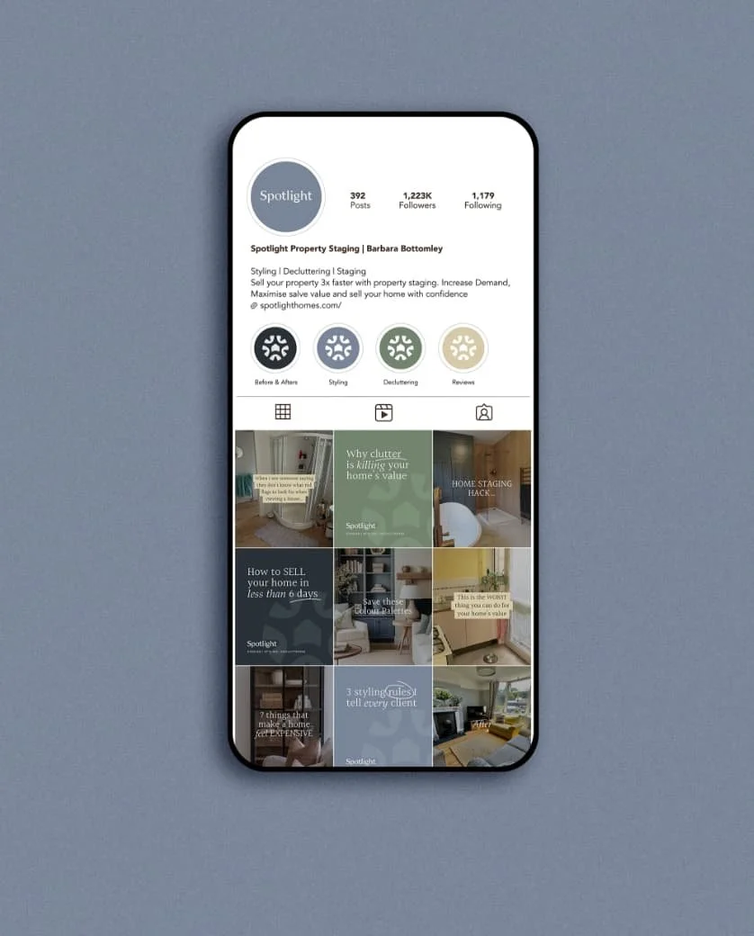 Instagram profile for Spotlight Property Staging by Barbara Bottomley showing a grid of home styling and decluttering tips