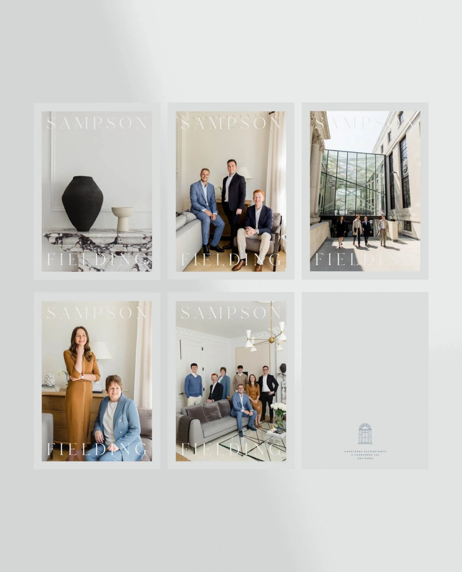 A grid of five professional lifestyle images showing the team in high end London office settings and modern urban exteriors