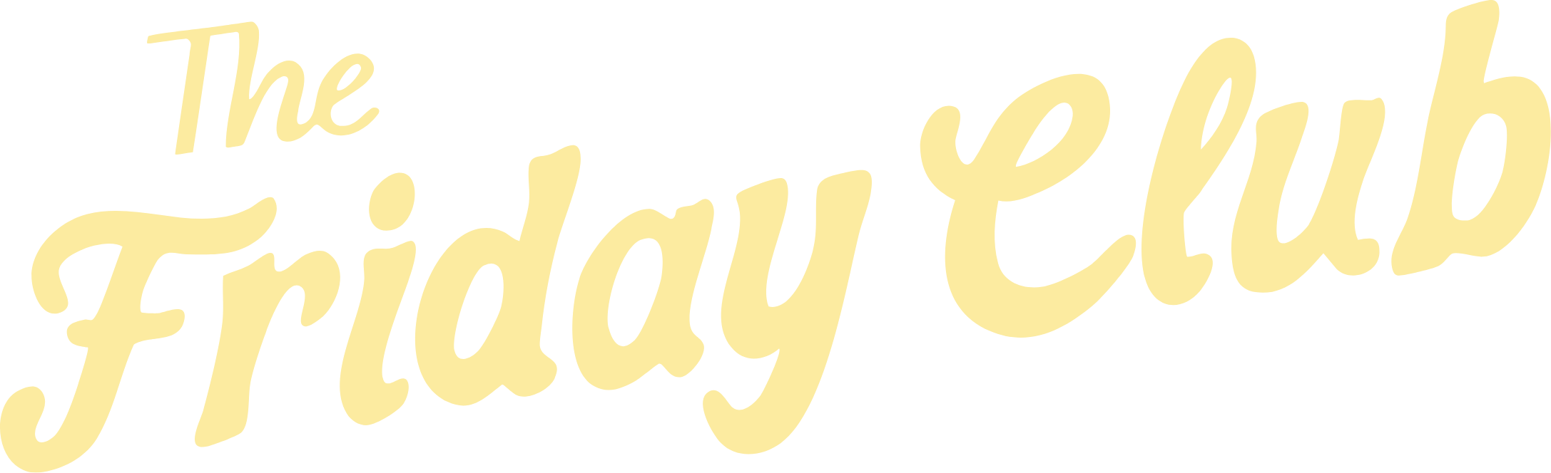 Yellow script logo for The Friday Club on a transparent background featuring stylised cursive lettering and a playful feel