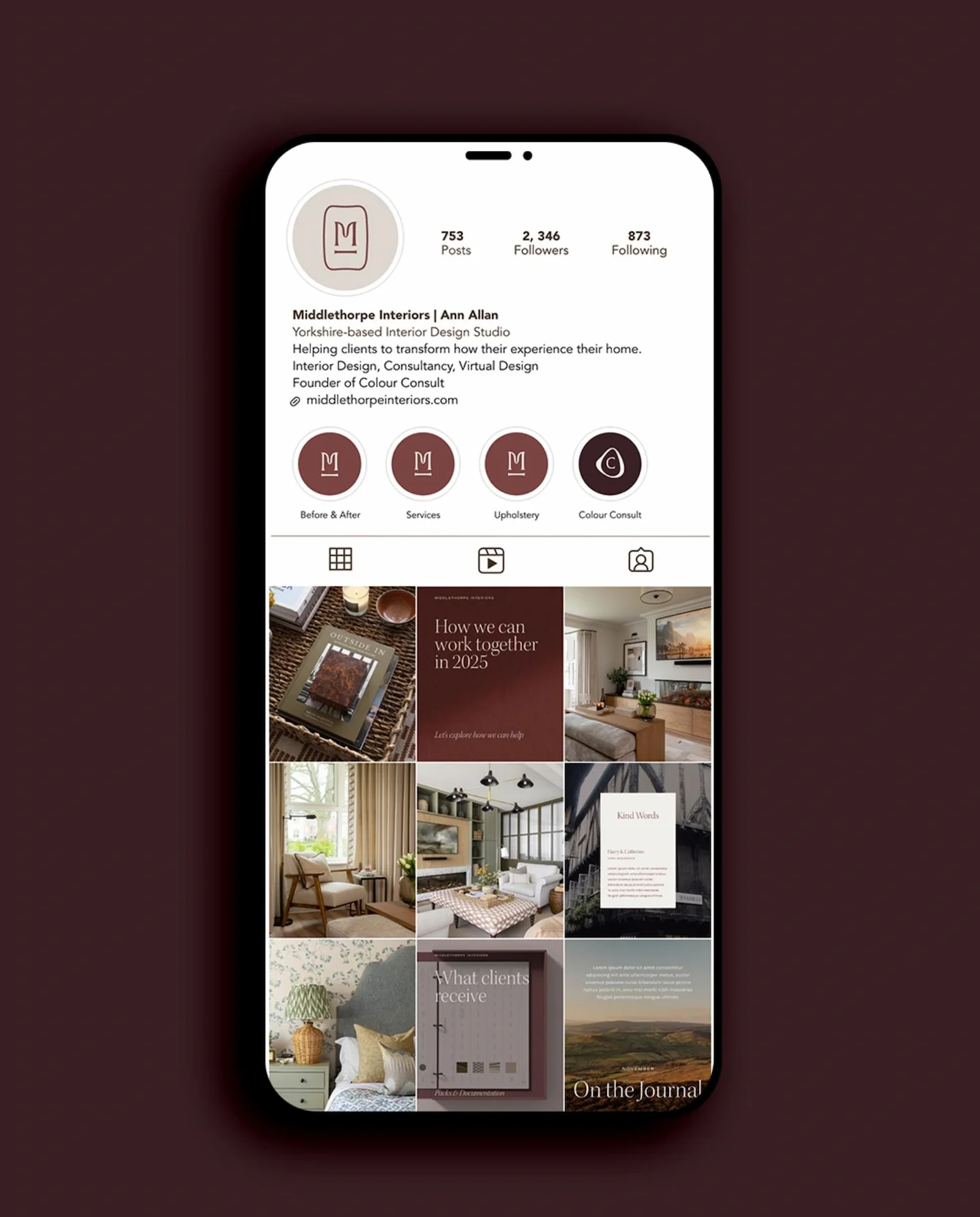 Smartphone screen displaying the curated Instagram feed and profile layout for Middlethorpe Interiors studio in York