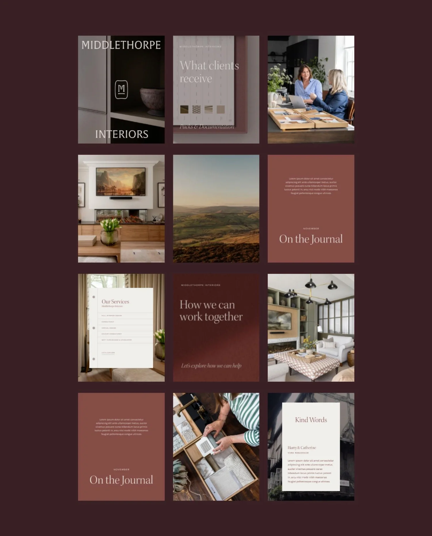 Grid layout of twelve cohesive social media post templates designed for a luxury Yorkshire interior design studio feed