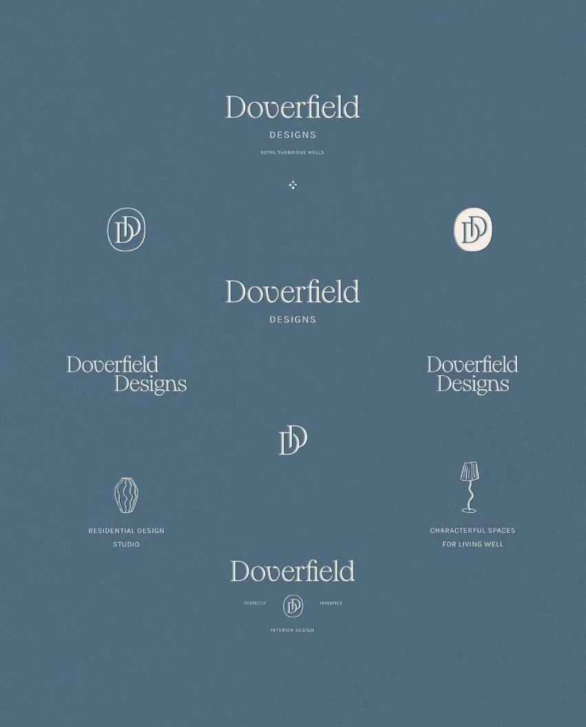 Multiple logo versions for the design studio including minimalist text icons of a vase and a lamp on a blue backdrop