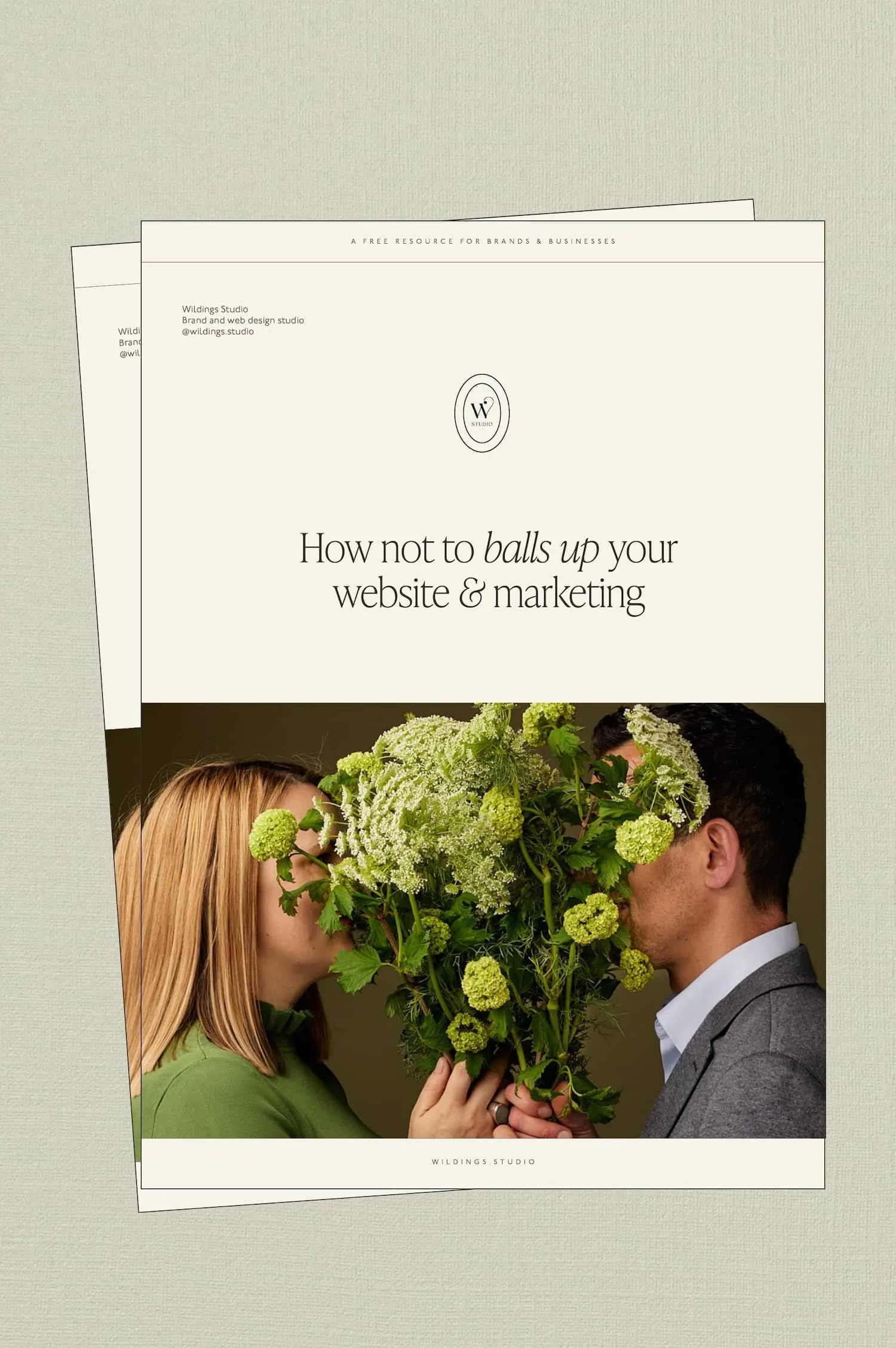 A guide titled How not to balls up your website and marketing featuring a man and woman holding a large floral bouquet