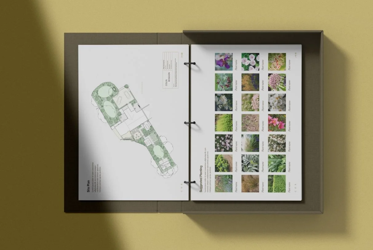 Detailed garden site plan and a suggested planting guide with a grid of plant photos in a professional presentation folder