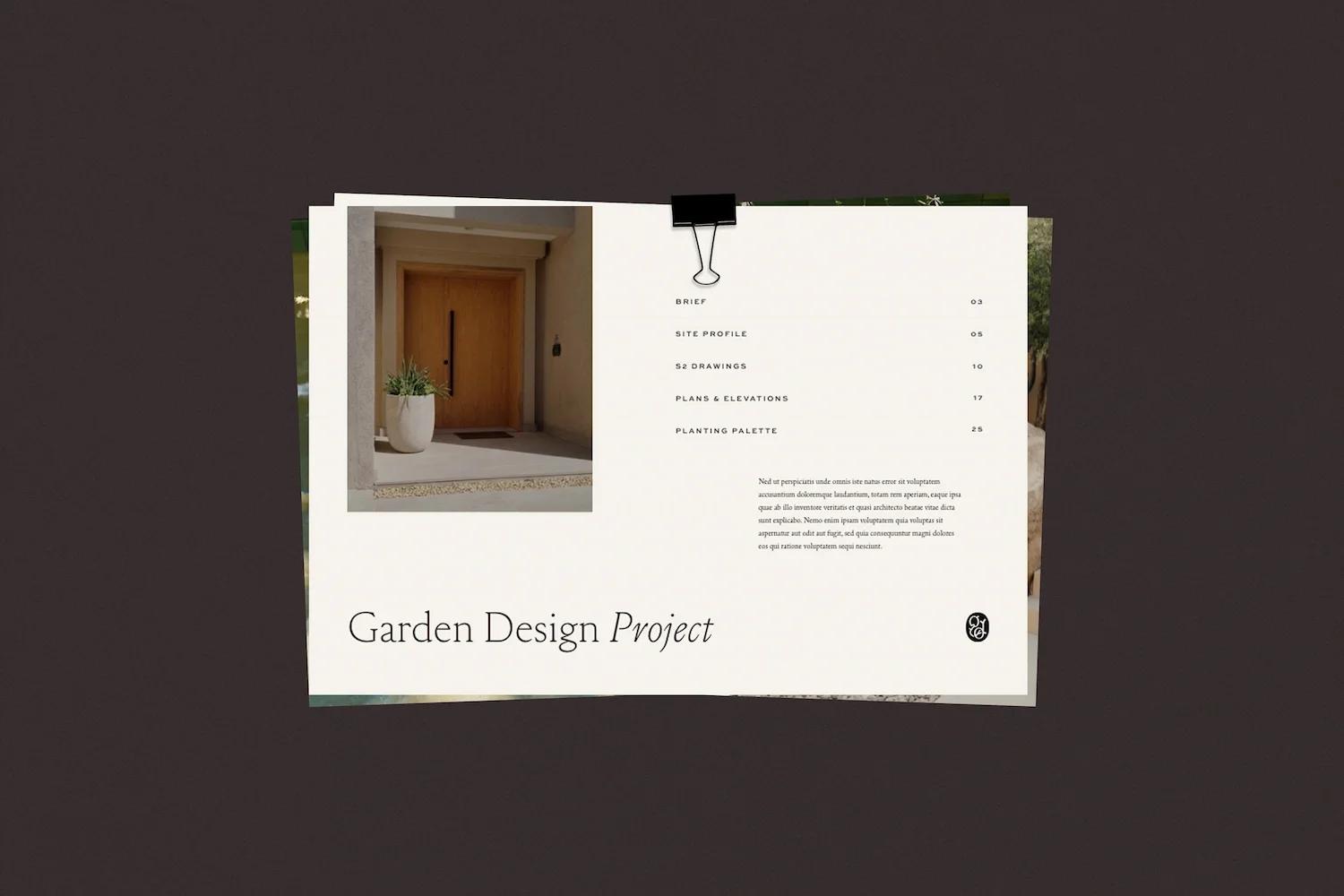 Open garden design project portfolio document detailing site profile plans elevations and planting palette