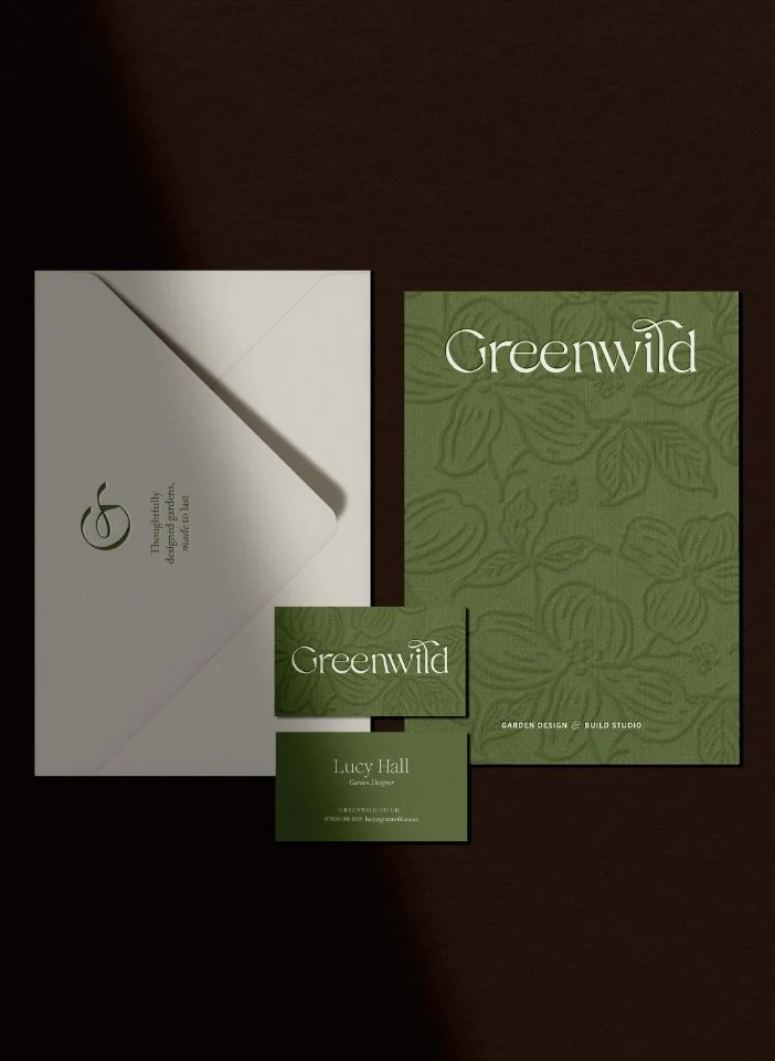 Greenwild garden design stationery set with olive green business cards plus a textured floral pattern and white envelope