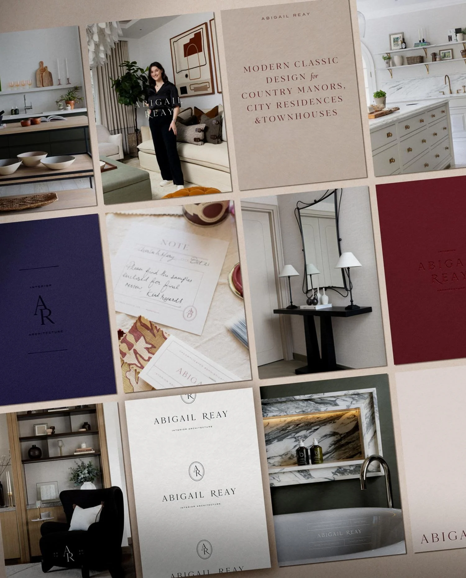 Portfolio grid showcasing Abigail Reay interior projects including modern kitchens and classic country manor living spaces