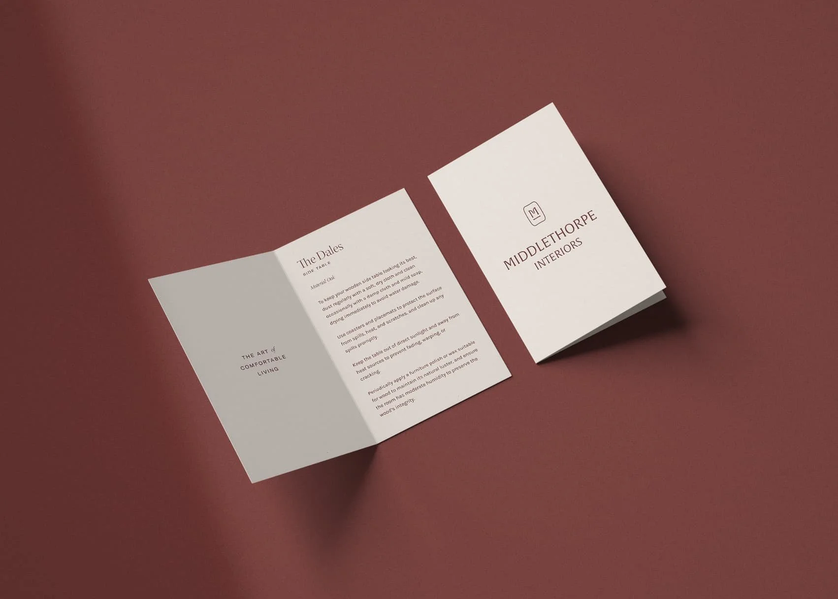 Folded care card for The Dales collection providing wooden furniture maintenance tips alongside company branding and logo
