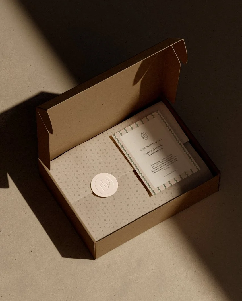 Open cardboard box containing a welcome card with a wavy border and patterned tissue paper sealed with a circular logo