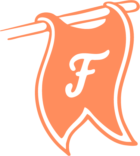 Orange pennant flag icon featuring a white cursive letter F in the centre hanging from a simple hand drawn white flagpole